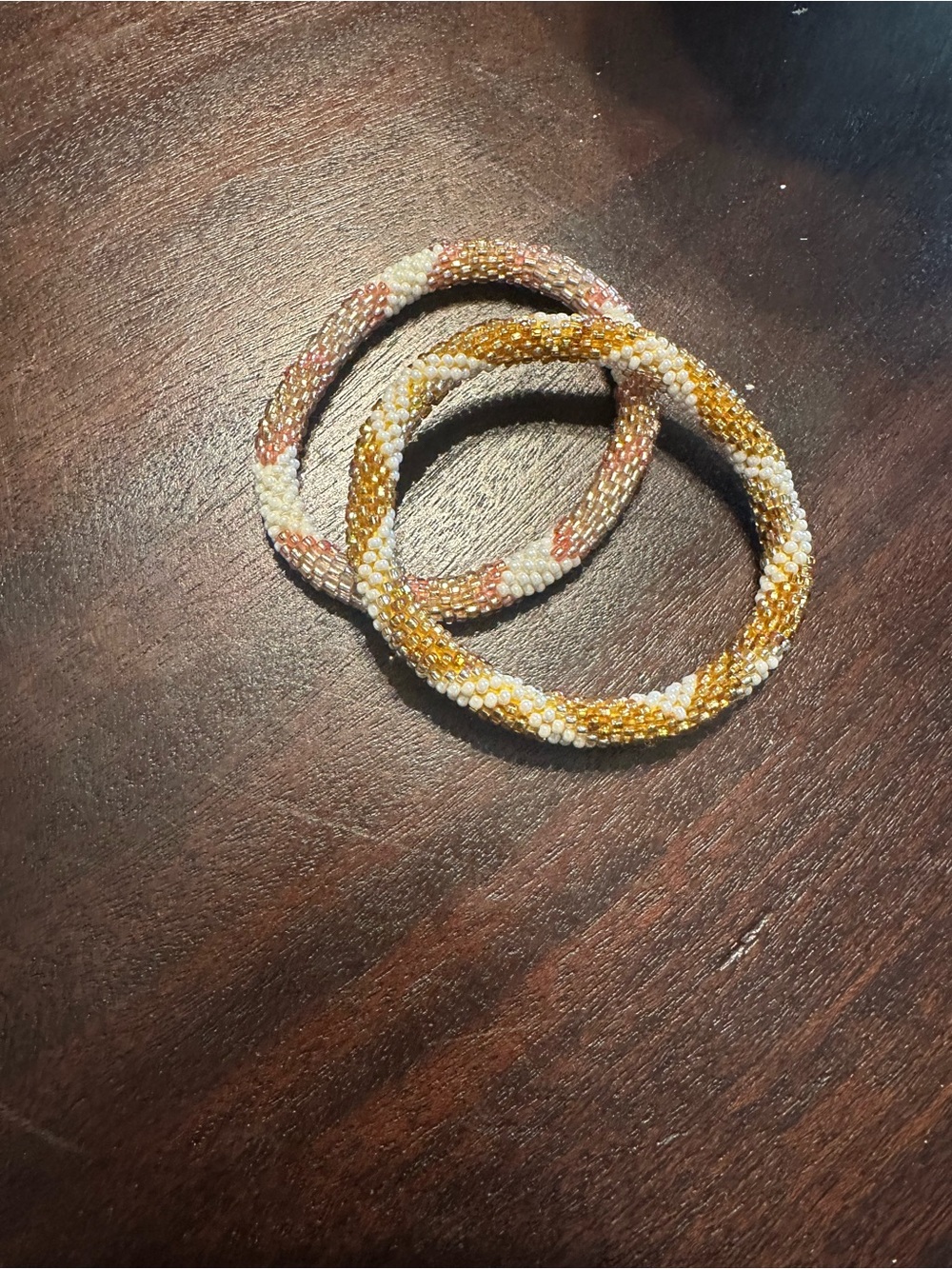 Handcrafted Seed Bead Bangle Trio - White, Gold & Pink